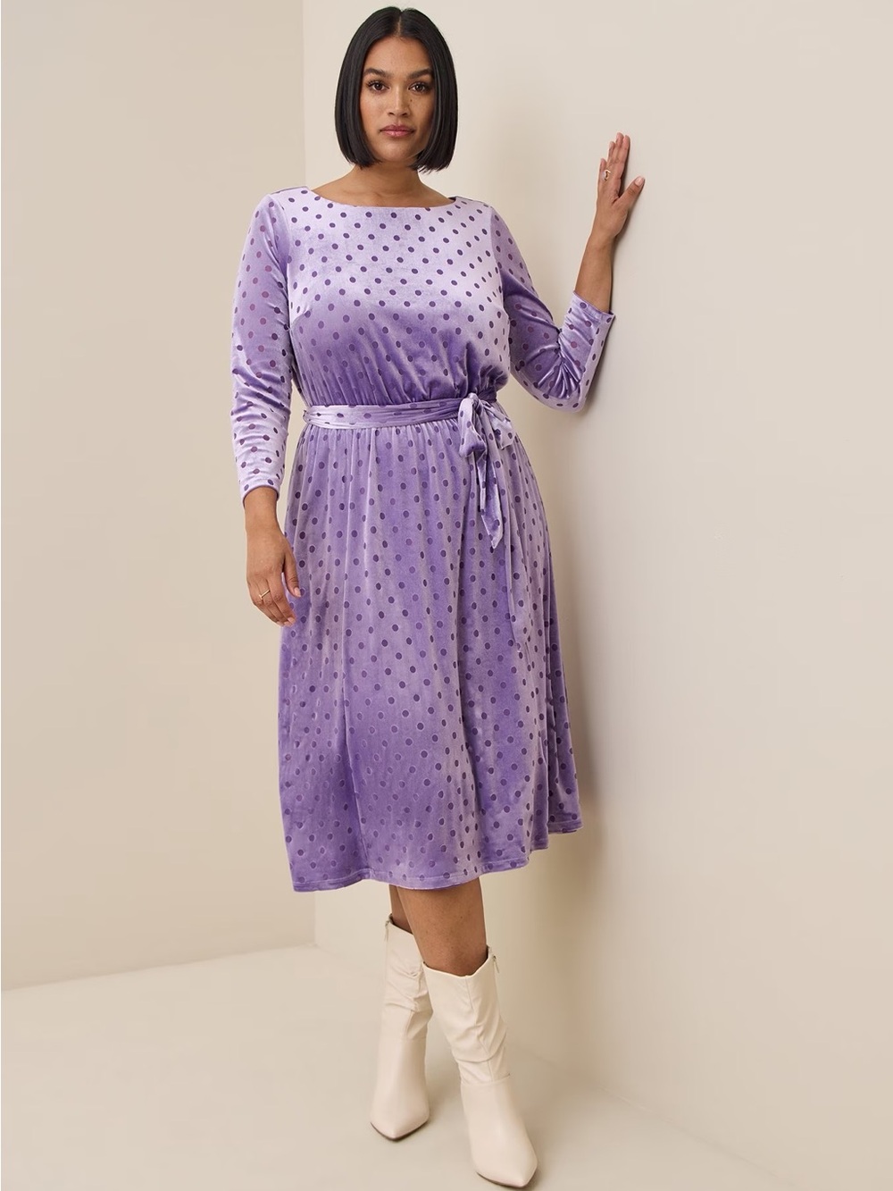Torrid Chic Midi Burnout Velvet Boatneck Dress Lavender Polka Dot Plus Size 1X